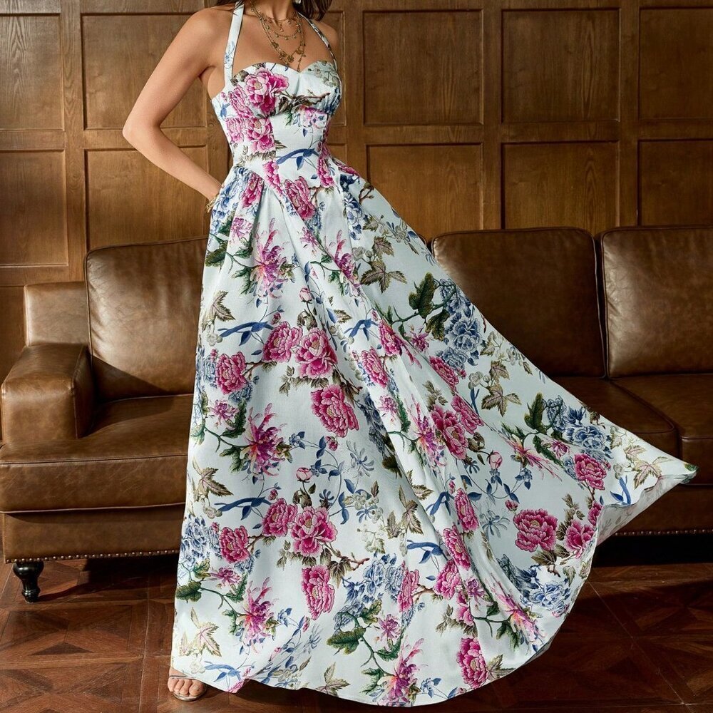 Baby Blue Elegant Women's Floral Satin Gown - Picture 3 of 9